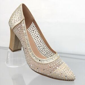 Dress Shoe Gold Chunky Heel Closed Pointed Toe
